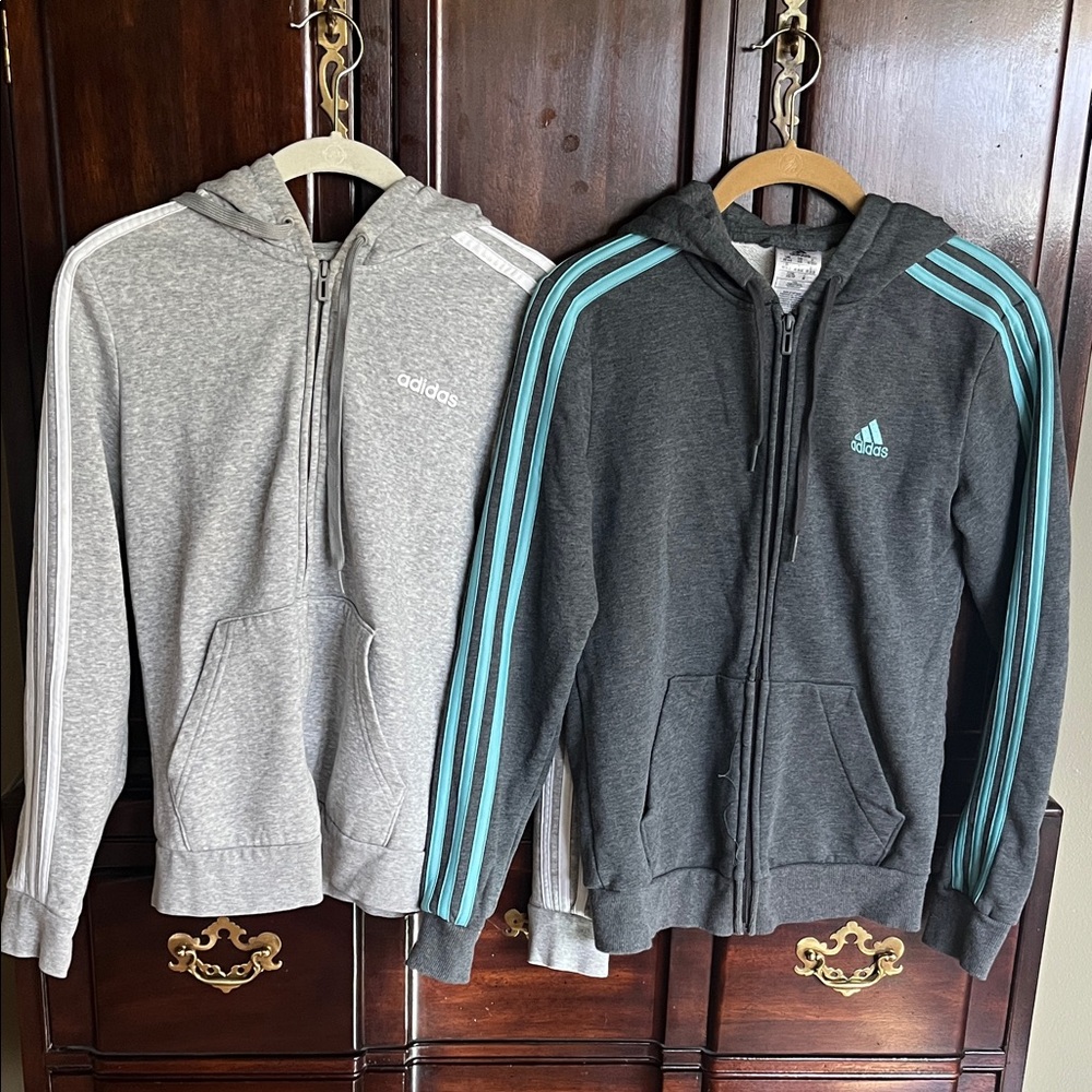 Adidas Gray & Dark Gray Hoodies with Teal Stripes